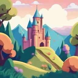 A whimsical cartoon-style castle perched on a hill, surrounded by a dense, lush forest