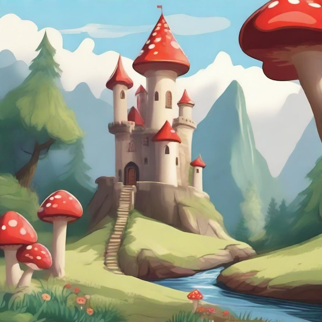 A whimsical fantasy cartoon-style castle perched on a hill, overlooking a beautiful forest below