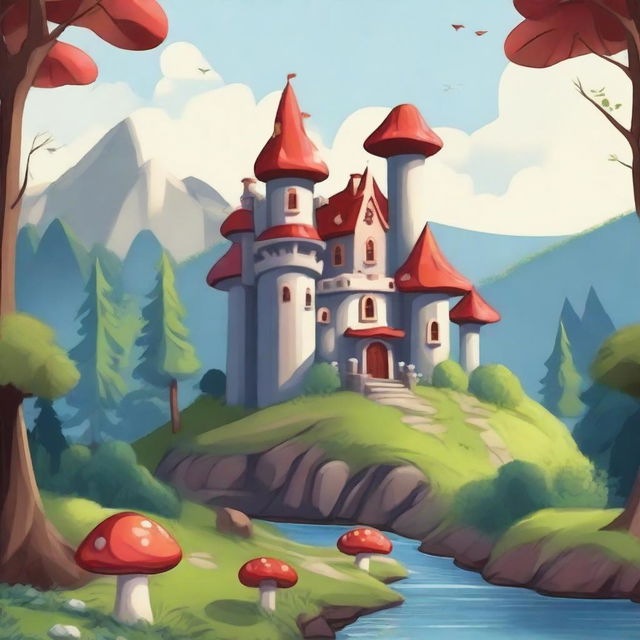 A whimsical fantasy cartoon-style castle perched on a hill, overlooking a beautiful forest below