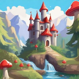 A whimsical fantasy cartoon-style castle perched on a hill, overlooking a beautiful forest below