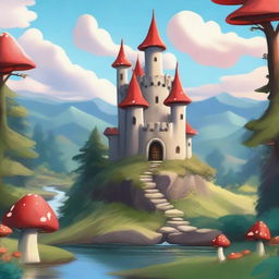 A whimsical fantasy cartoon-style castle perched on a hill, overlooking a beautiful forest below