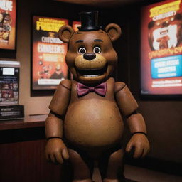 Freddy Fazbear from Five Nights at Freddy's, standing tall in a lively movie theater lobby, under theatrical lights with posters of upcoming features surrounding him.