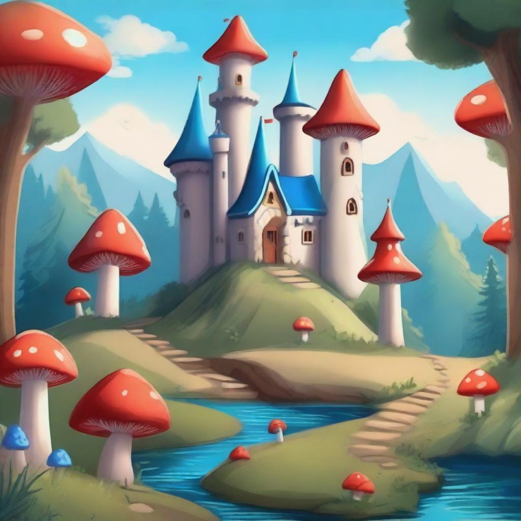 A whimsical fantasy cartoon-style castle with blue turrets perched on a hill, overlooking a beautiful forest below