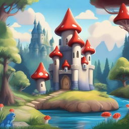 A whimsical fantasy cartoon-style castle with blue turrets perched on a hill, overlooking a beautiful forest below