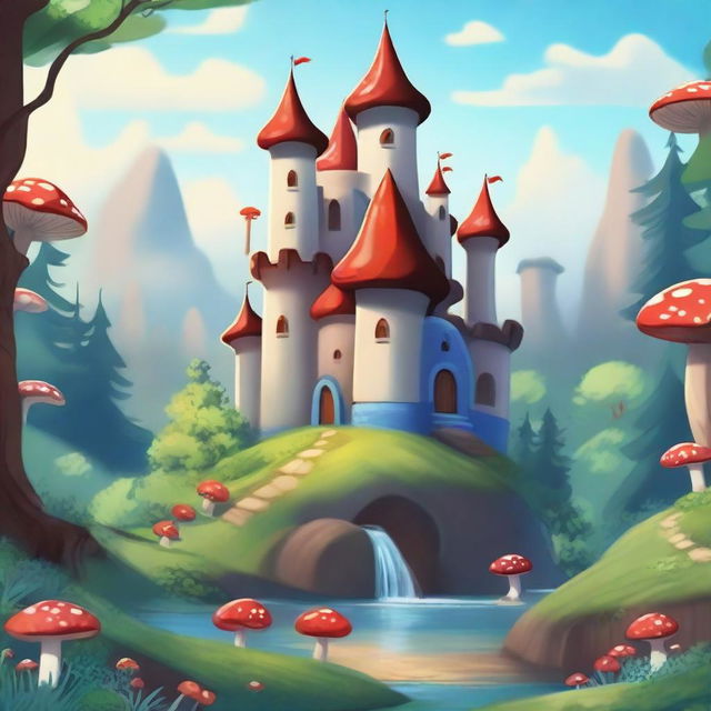 A whimsical fantasy cartoon-style castle with blue turrets perched on a hill, overlooking a beautiful forest below