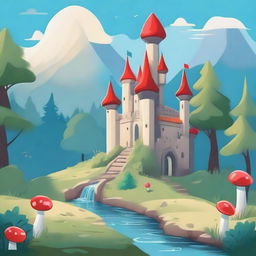 A whimsical fantasy cartoon-style castle with blue turrets perched on a hill, overlooking a beautiful forest below