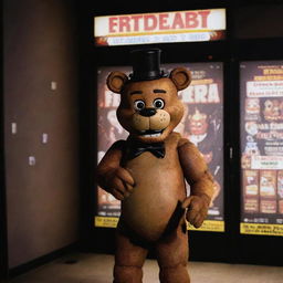 Freddy Fazbear from Five Nights at Freddy's, standing tall in a lively movie theater lobby, under theatrical lights with posters of upcoming features surrounding him.