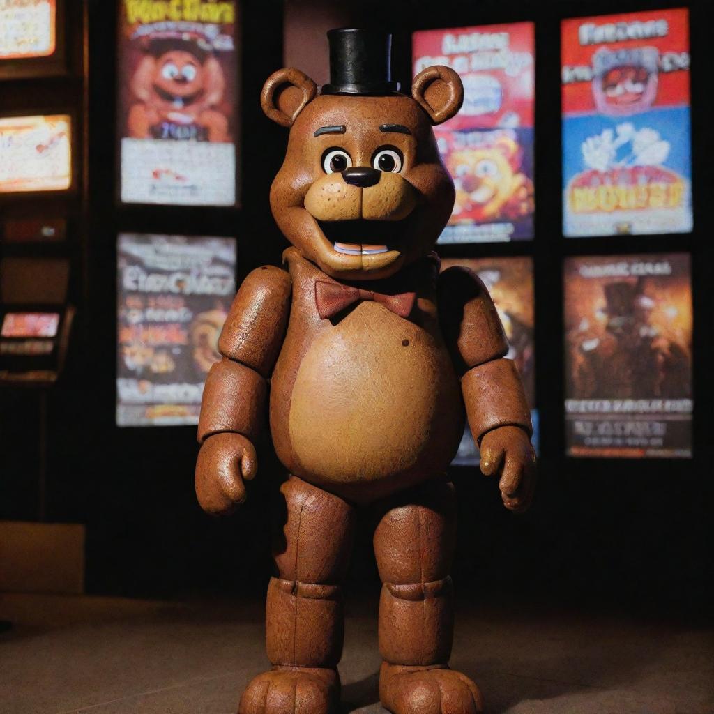 Freddy Fazbear from Five Nights at Freddy's, standing tall in a lively movie theater lobby, under theatrical lights with posters of upcoming features surrounding him.