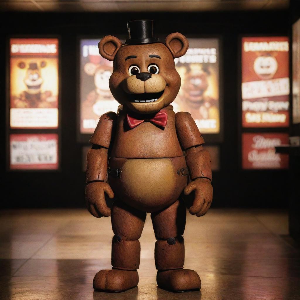 Freddy Fazbear from Five Nights at Freddy's, standing tall in a lively movie theater lobby, under theatrical lights with posters of upcoming features surrounding him.