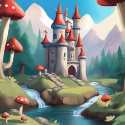 A whimsical fantasy cartoon-style castle with blue turrets perched on a hill, overlooking a beautiful forest below