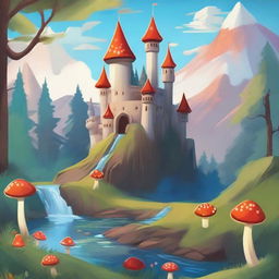 A whimsical fantasy cartoon-style castle with blue turrets perched on a hill, overlooking a beautiful forest below