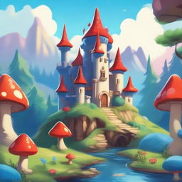 A whimsical fantasy cartoon-style castle with blue turrets perched on a hill, overlooking a beautiful forest below