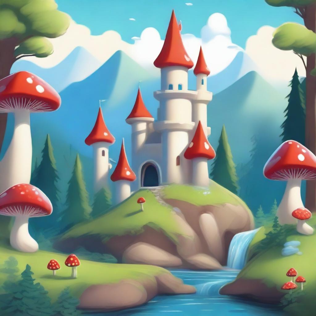 A whimsical fantasy cartoon-style castle with blue turrets perched on a hill, overlooking a beautiful forest below