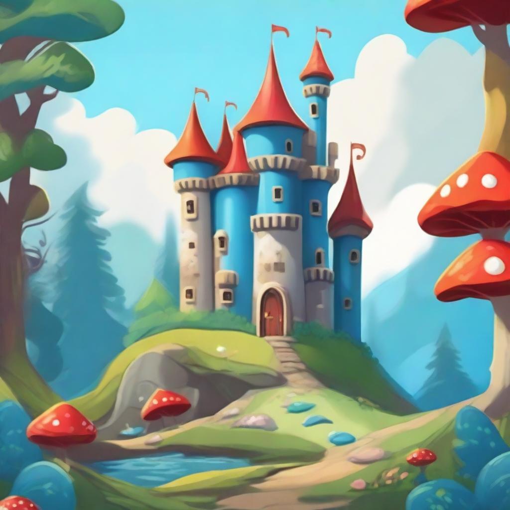 A whimsical fantasy cartoon-style castle with blue turrets perched on a hill, overlooking a beautiful forest below