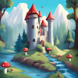 A whimsical fantasy cartoon-style castle with blue turrets perched on a hill, overlooking a beautiful forest below