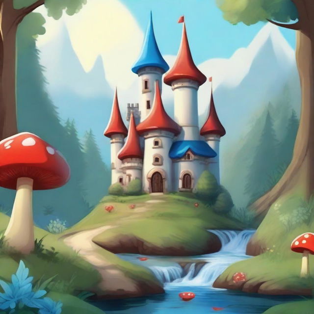 A whimsical fantasy cartoon-style castle with blue turrets perched on a hill, overlooking a beautiful forest below