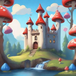 A whimsical fantasy cartoon-style castle with blue turrets perched on a hill, overlooking a beautiful forest below