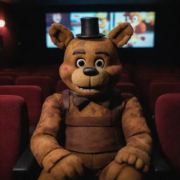 Freddy Fazbear from Five Nights at Freddy's sitting in a movie theater. He is attentively watching a big screen displaying a movie adaptation of Five Nights at Freddy's.