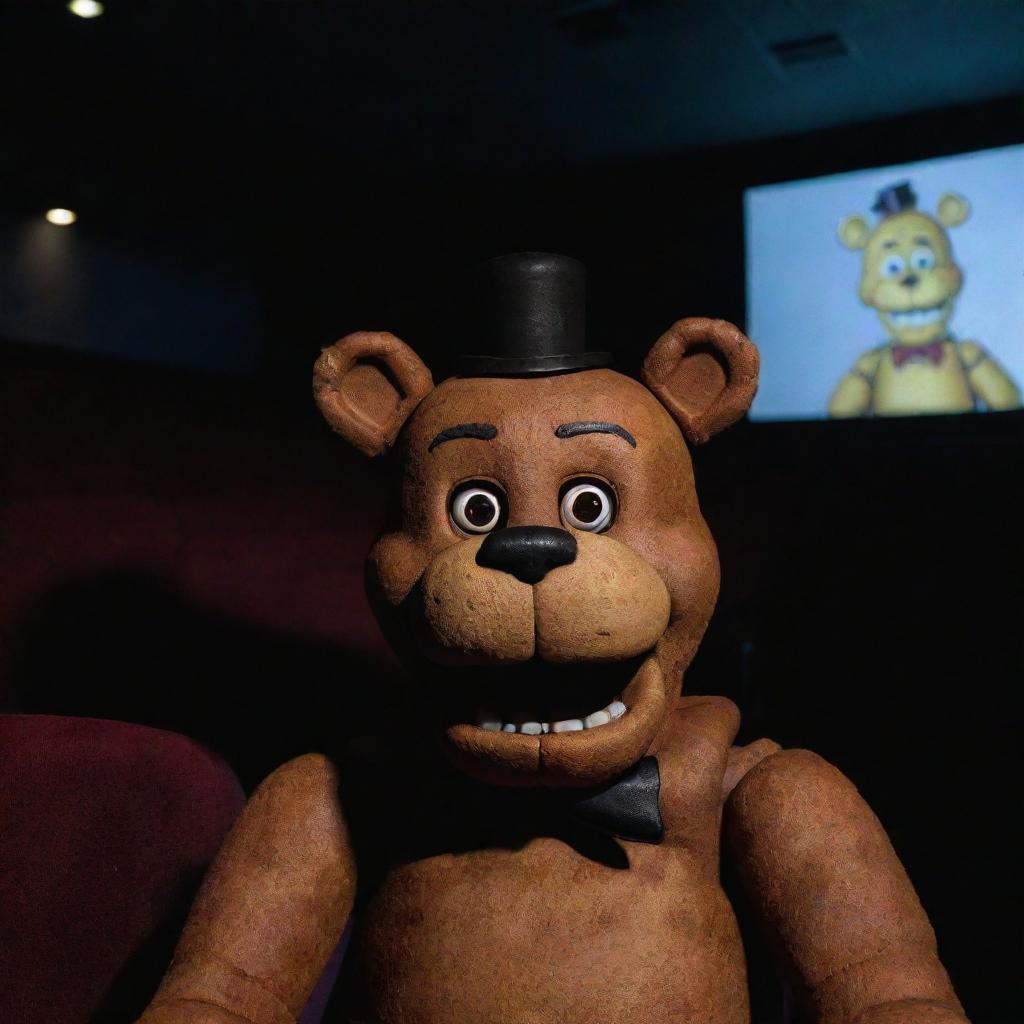 Freddy Fazbear from Five Nights at Freddy's sitting in a movie theater. He is attentively watching a big screen displaying a movie adaptation of Five Nights at Freddy's.