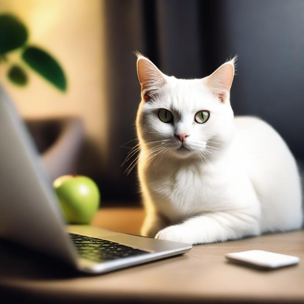 A beautiful white cat looks at an Apple laptop with a tense and slightly sad expression