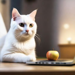 A beautiful white cat looks at an Apple laptop with a tense and slightly sad expression