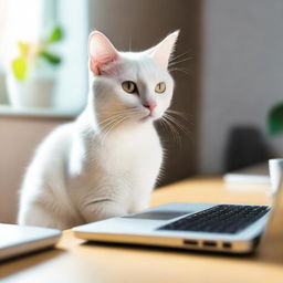 A beautiful white cat looks at an Apple laptop with a tense and slightly sad expression