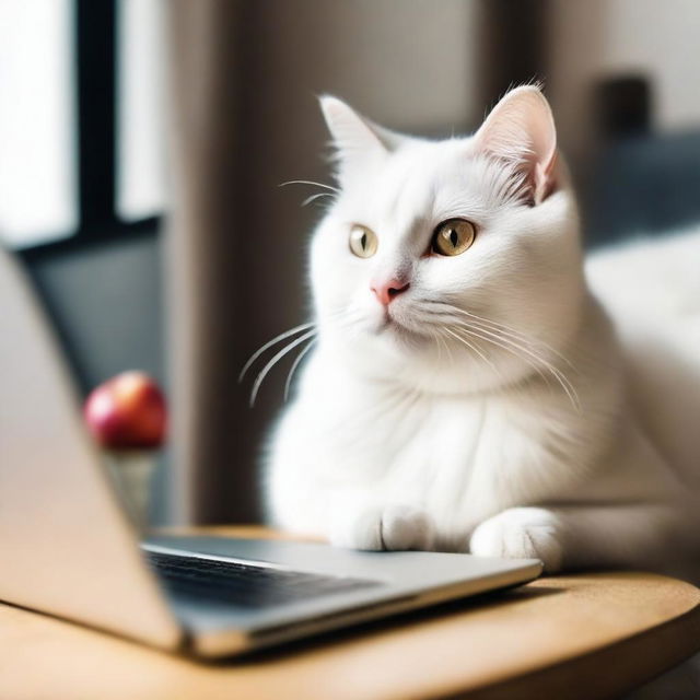 A beautiful white cat looks at an Apple laptop with a tense and slightly sad expression