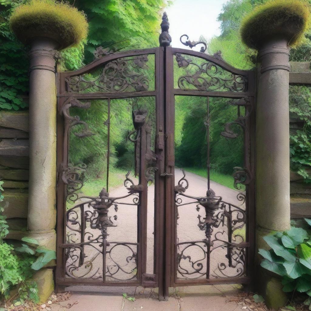 An old antique iron gate with intricate designs and a weathered look