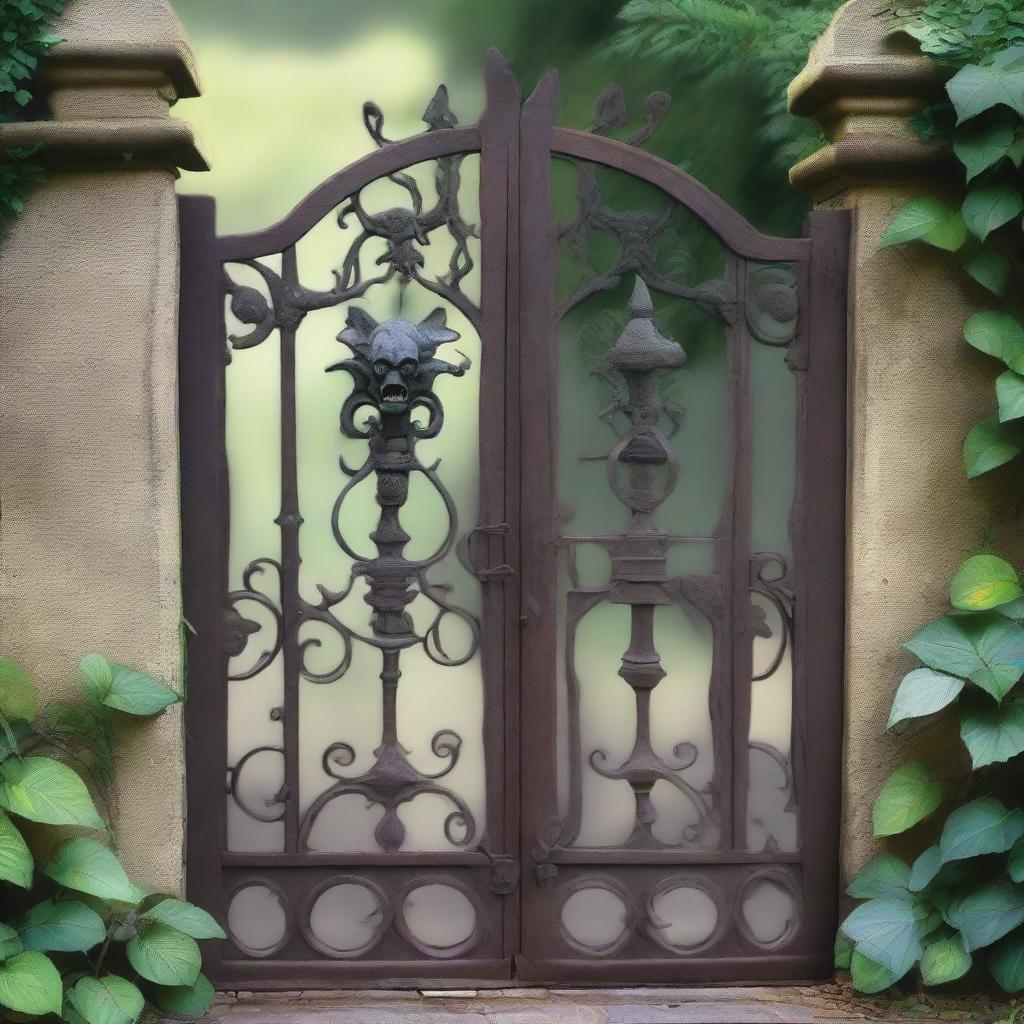 An old antique iron gate with intricate designs and a weathered look