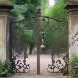 An old antique iron gate with intricate designs and a weathered look