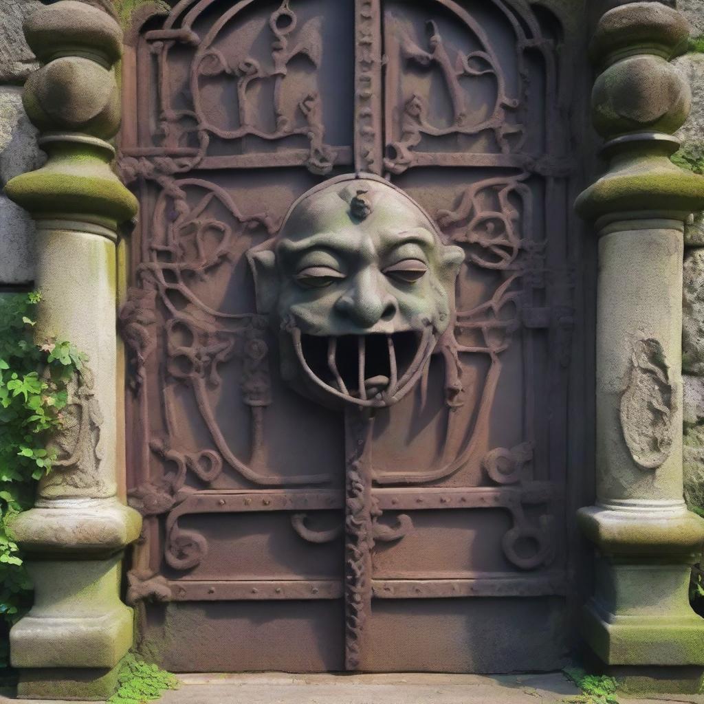 An old, antique iron gate with intricate designs and an aged patina