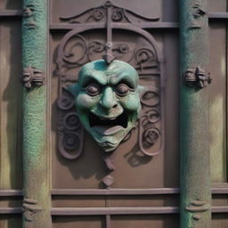 An old, antique iron gate with intricate designs and an aged patina