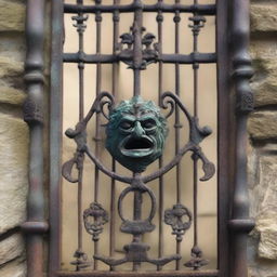 An old, antique iron gate with intricate designs and an aged patina