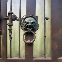 An old, antique iron gate with intricate designs and an aged patina