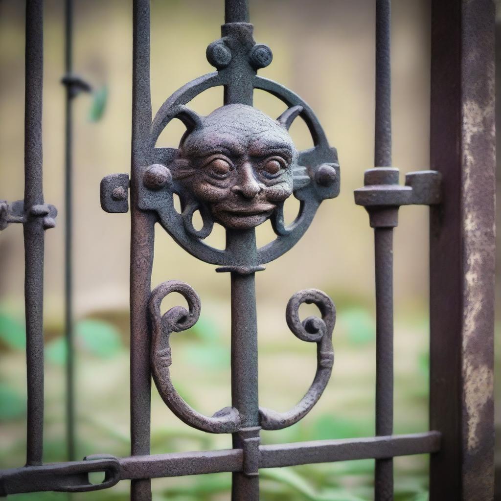 An old antique iron gate with intricate designs, featuring a cute but grumpy goblin knocker