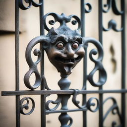 An old antique iron gate with intricate designs, featuring a cute but grumpy goblin knocker