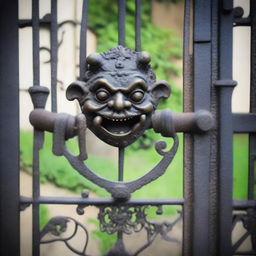 An old antique iron gate with intricate designs, featuring a cute but grumpy goblin knocker