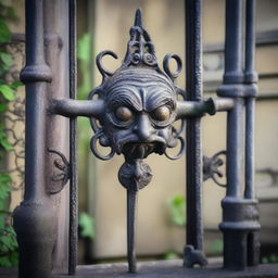 An old antique iron gate with intricate designs, featuring a cute but grumpy goblin knocker