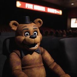 Freddy Fazbear from Five Nights at Freddy's sitting in a movie theater. He is attentively watching a big screen displaying a movie adaptation of Five Nights at Freddy's.