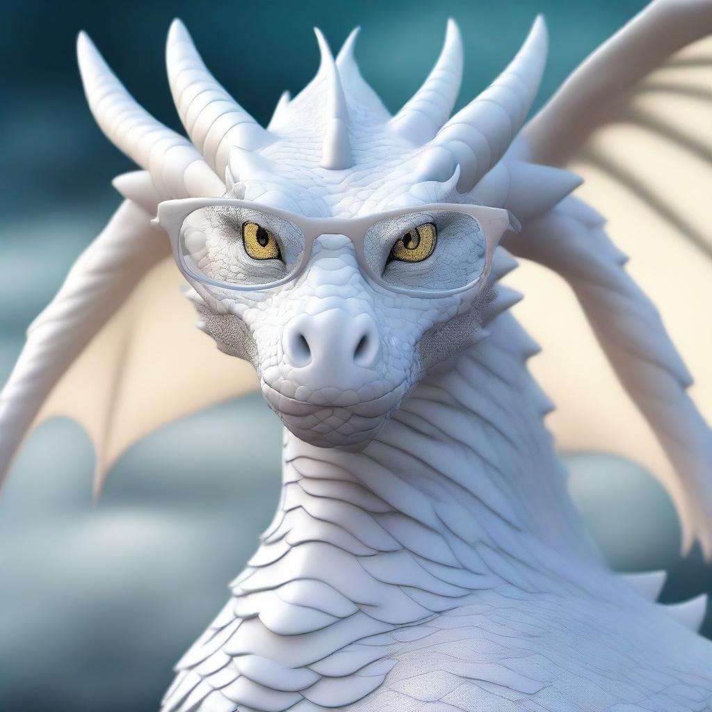 A large, majestic white dragon wearing a pair of spectacles