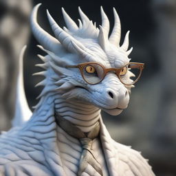 A large, old white dragon wearing a pair of spectacles