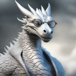 A large, old white dragon wearing a pair of spectacles