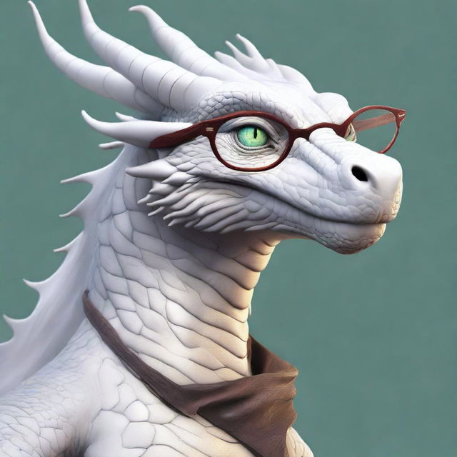 A large, old white dragon wearing a pair of spectacles