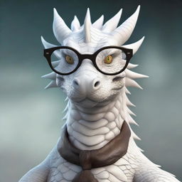 A large, old white dragon wearing a pair of spectacles