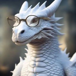 A large, old white dragon wearing a pair of spectacles