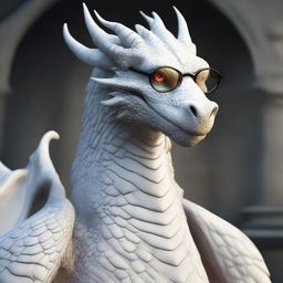 A large, old white dragon wearing a pair of spectacles