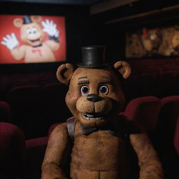 Freddy Fazbear from Five Nights at Freddy's sitting in a movie theater. He is attentively watching a big screen displaying a movie adaptation of Five Nights at Freddy's.