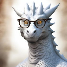 A large, old white dragon wearing a pair of spectacles