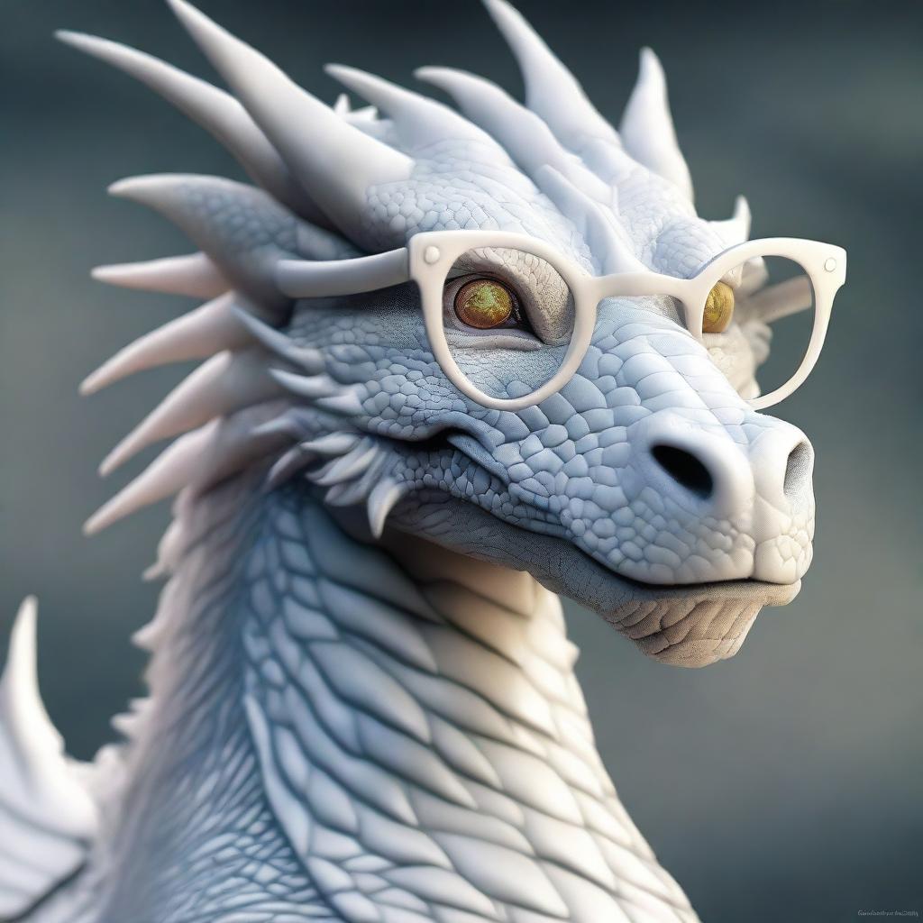 A large, old white dragon wearing a pair of spectacles