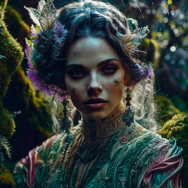 Hyper-realistic 3D rococo photograph of a different Russian elf woman in a mystical forest, with an intense close-up of her intricately detailed face, surrounded by vibrant flowers. The image is high definition, with immaculate composition and lighting, exuding fantasy and spirit vibes.